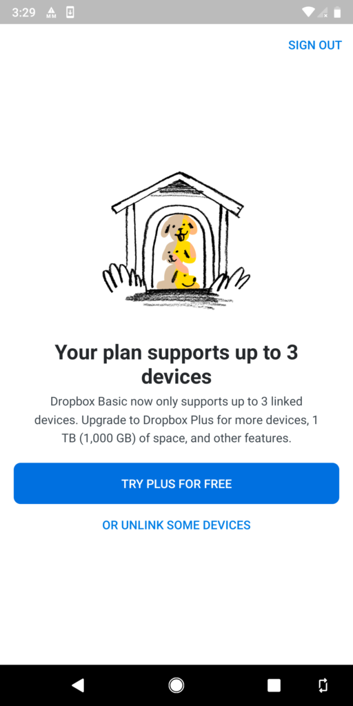 Screenshot demonstrating the 3 devices limit set by Dropbox